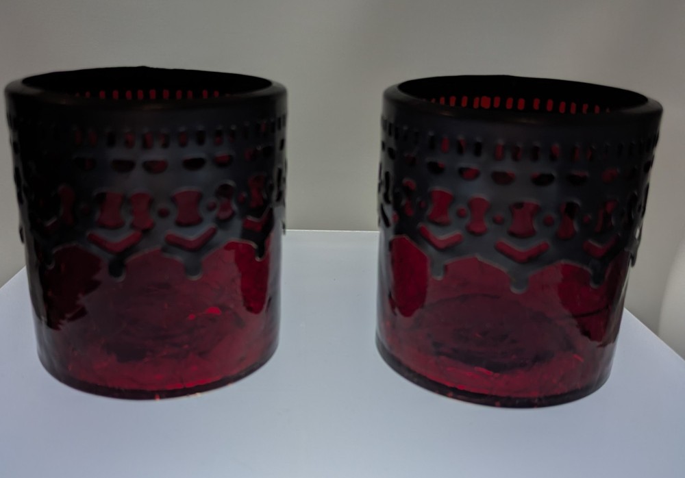 2 Ruby Colored Crackled Votive Candle Holders