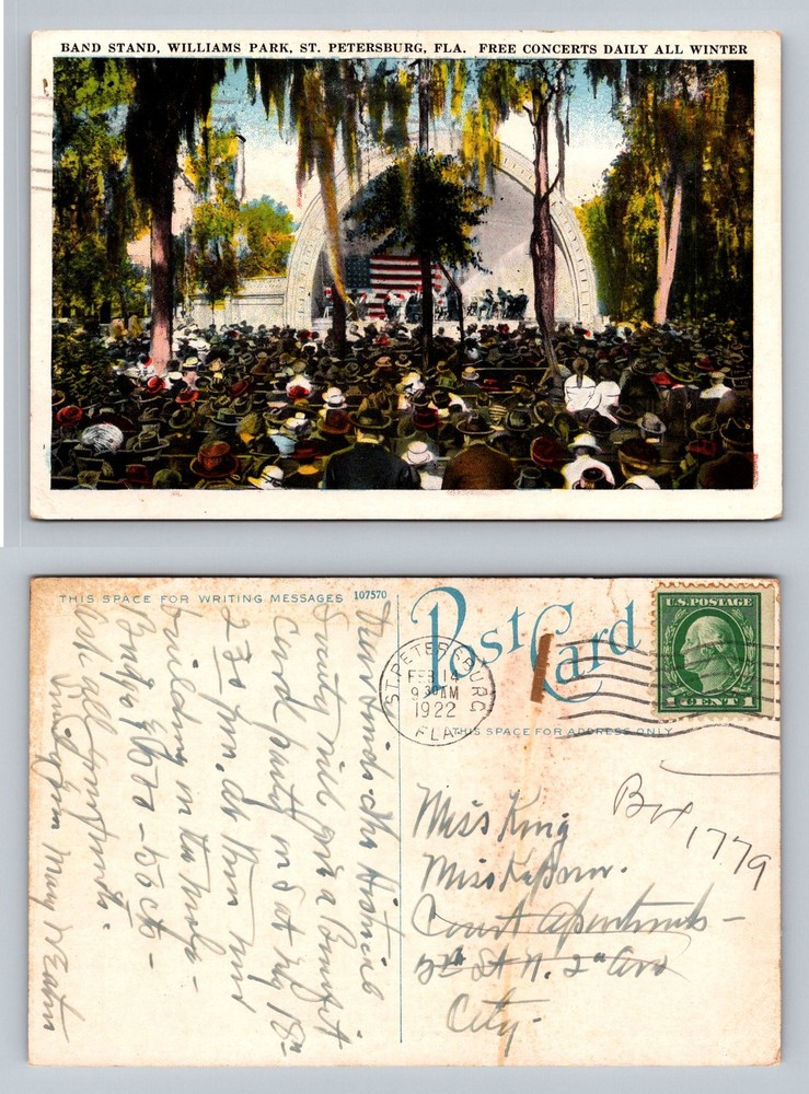 St Petersburg, FL-Florida, Williams Park Band Stand Vintage c1922 Postcard