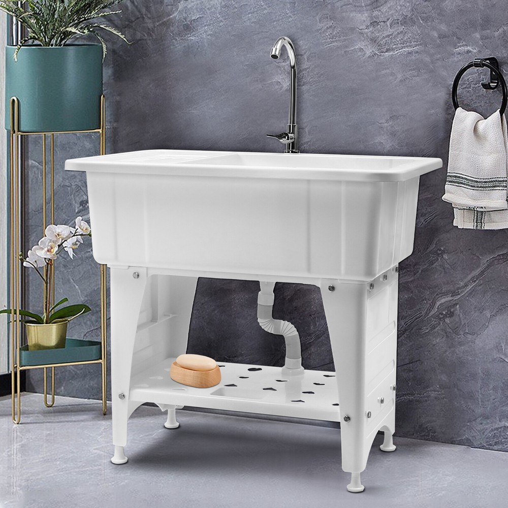 Freestanding White Utility Sink Laundry Tub with Faucet for Home Wash Station