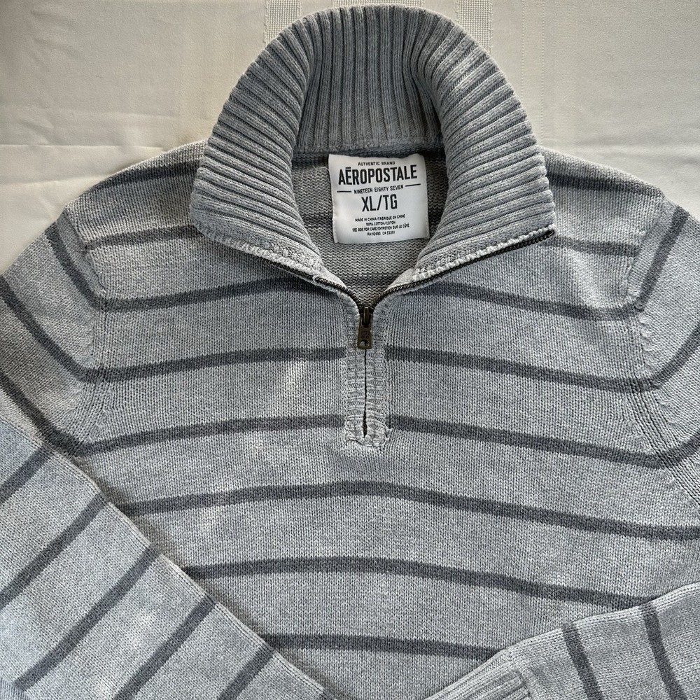 Aeropostale Men’s XL Striped 1/4 Zip Sweater Gray Cotton Pullover Casual Classic