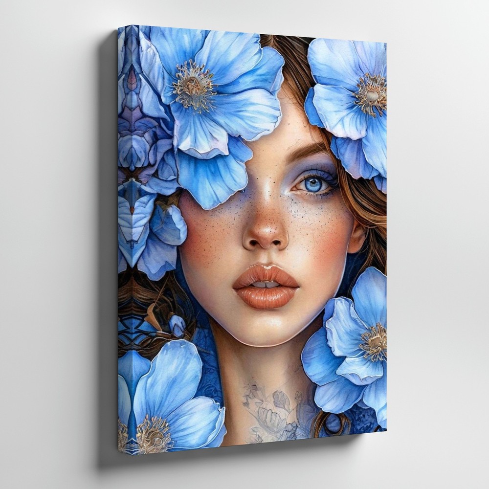 Beautiful Woman Portrait Canvas Wall Art With Blue Flowers And Realistic Detail