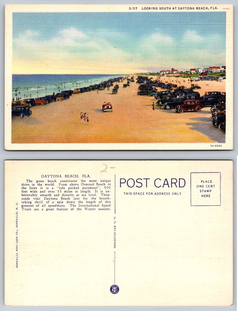 Daytona Beach FL Linen Postcard Vintage Cars Driving on Wide Beach 1930s