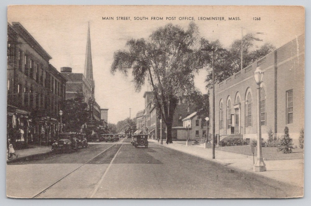 Main Street Leominster MA Post Office Church Steeple 1948 Postcard