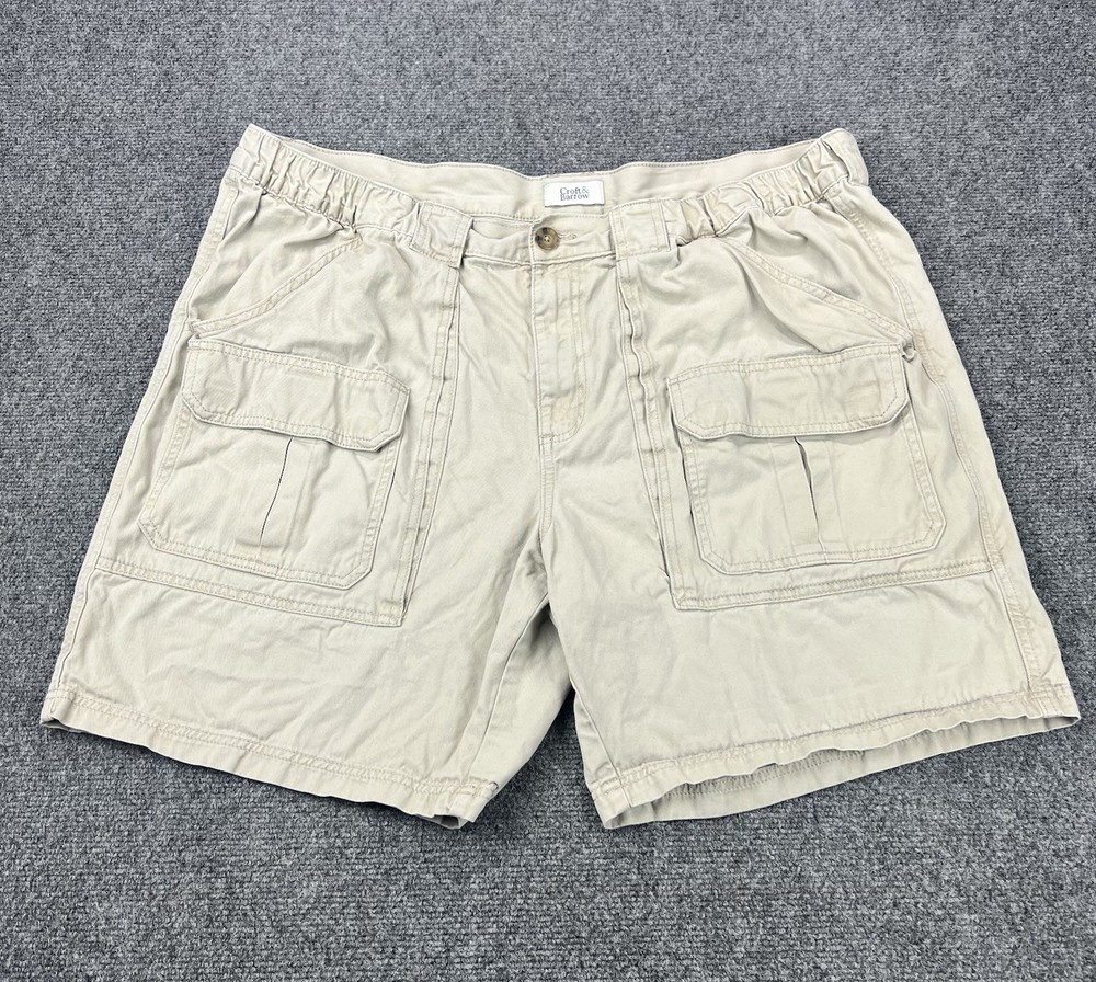 Croft & Barrow Cargo Shorts Mens 46 Khaki Beige Cotton Elastic Sides Fishing