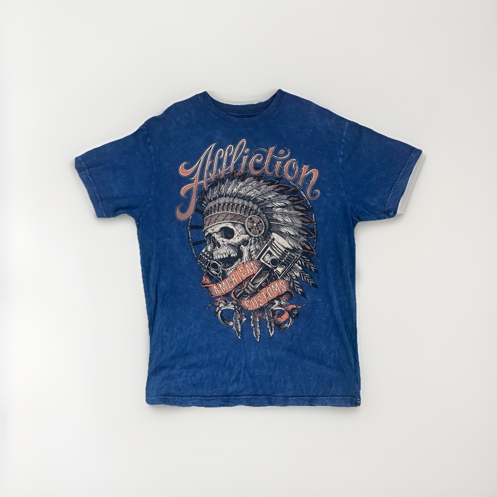 Affliction Shirt Men Small Blue Tee American Customs Indian Chief Tattoo MMA