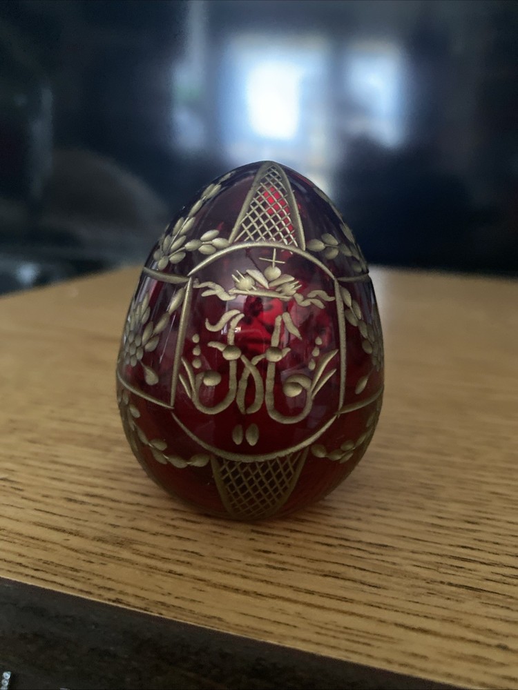 Faberge Egg Etched Ruby Gilt Glass Russian Red & Gold Eagle