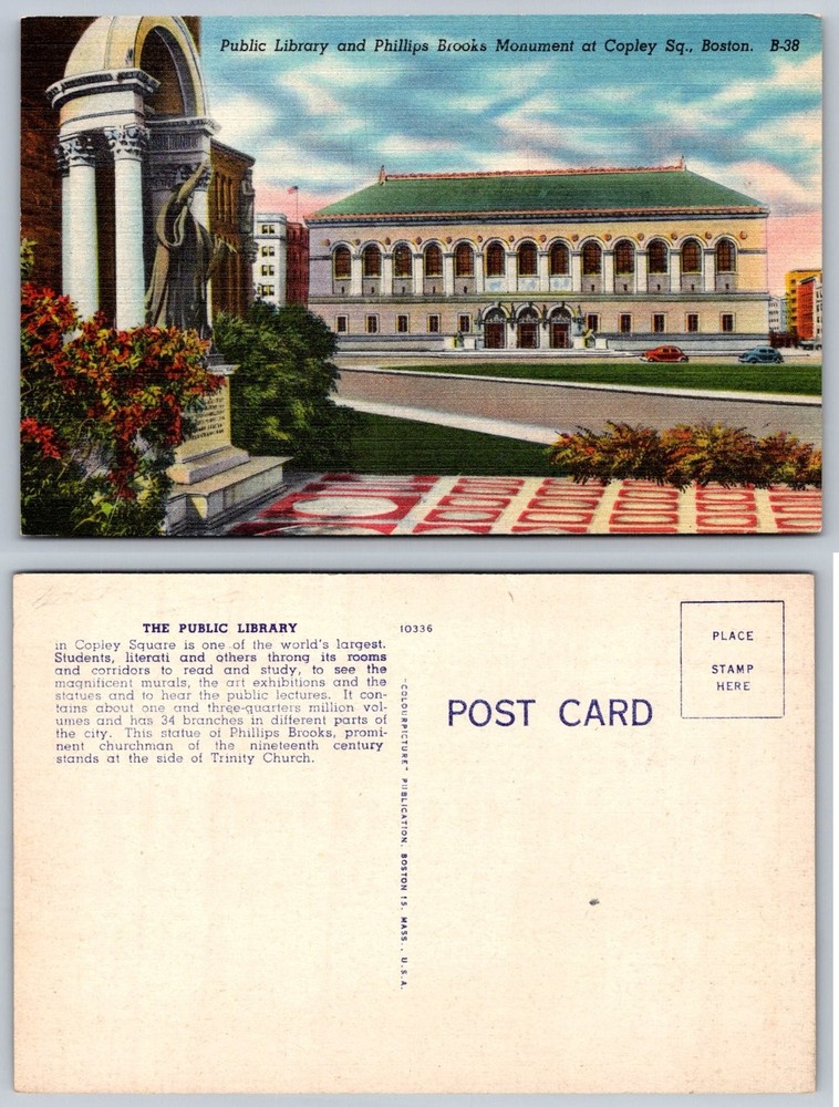 Boston Public Library Copley Sq Phillips Brooks Monument Linen Postcard