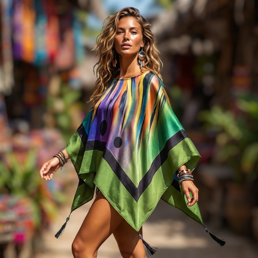 Dilemma 100% Silk Poncho NWT O/S Hand Painted Art to Wear Dopamine Boho Festival