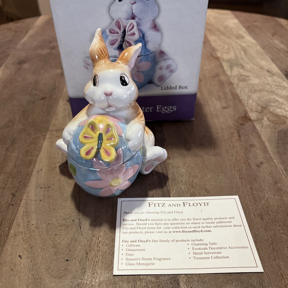 Fitz & Floyd Essentials PAINTING EASTER EGGS Bunny Rabbit Candy Dish Trinket Box