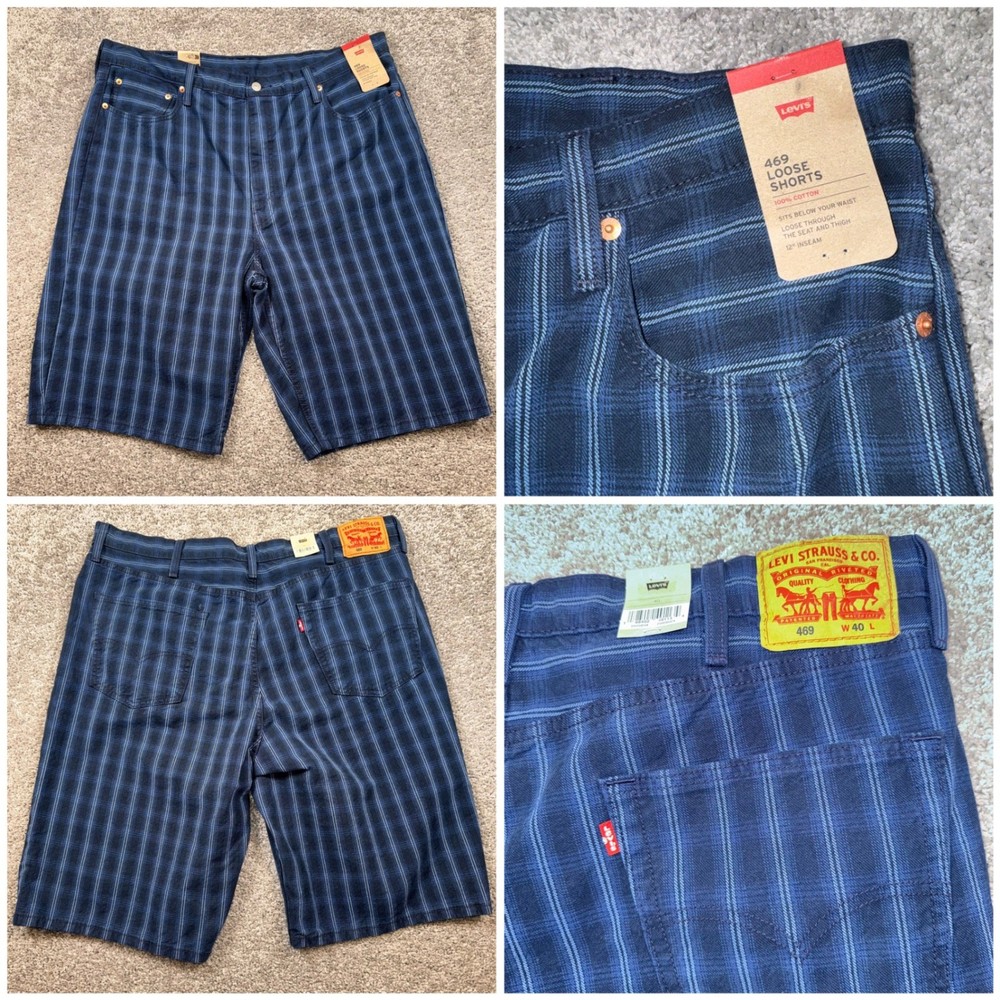 Levi's Mens 469 Loose Fit Baggy 5-Pocket Shorts Blue Plaid Sz 40 Waist NEW