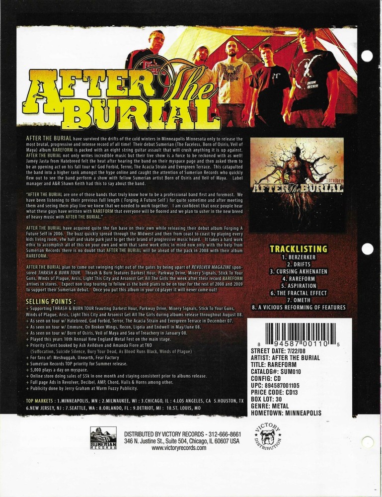 AFTER THE BURIAL Vintage 2008 PROMO TRADE AD Poster for Rareform MINT 8.5x11