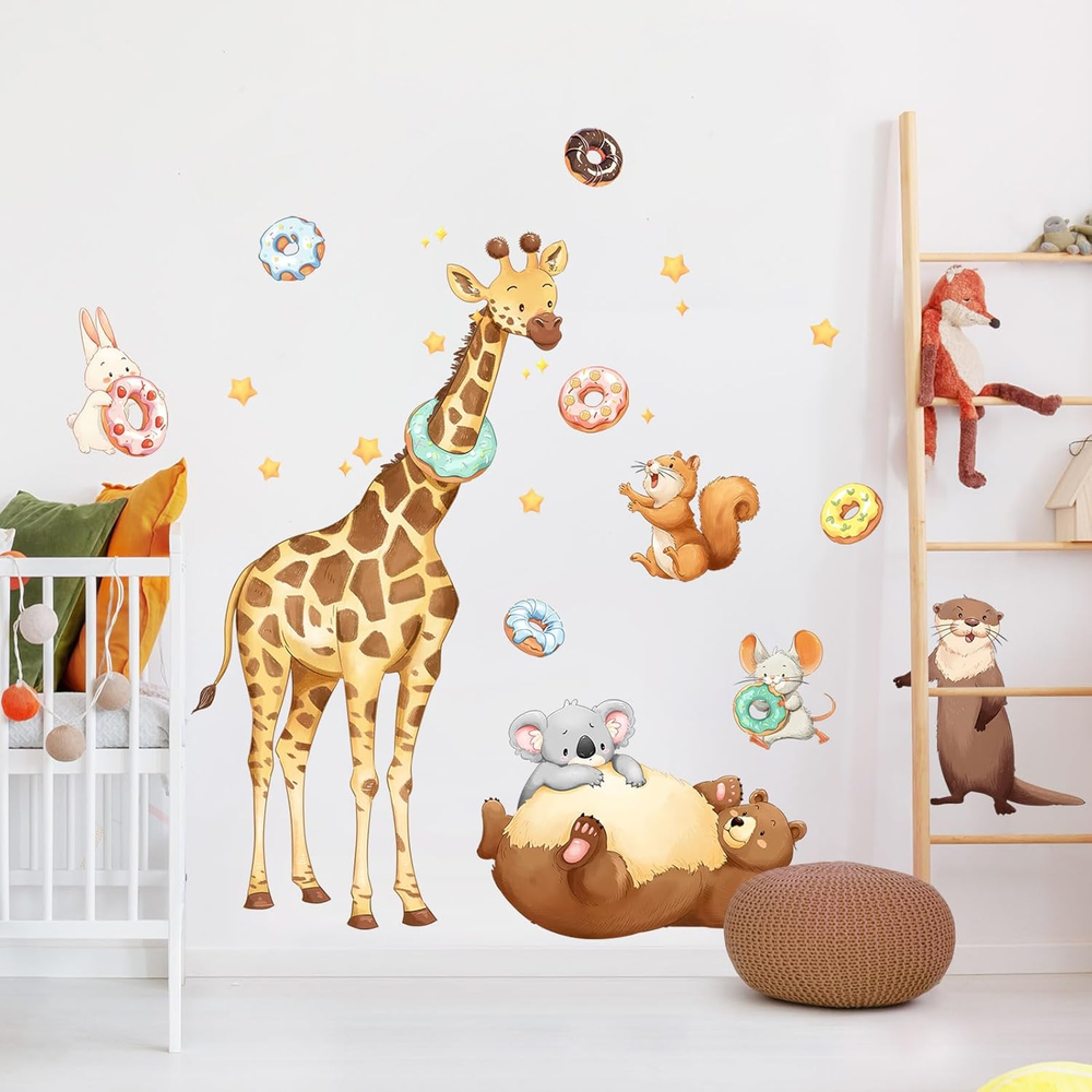 Colorful Cartoon Animal Wall Decals - Giraffe Bear Squirrel Rabbit Decor