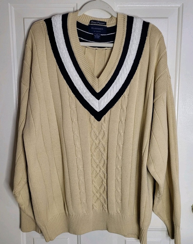 Vtg Gant Rugger Sweater Men XL Tan Navy Pullover V Neck Cable 100% Cotton Preppy