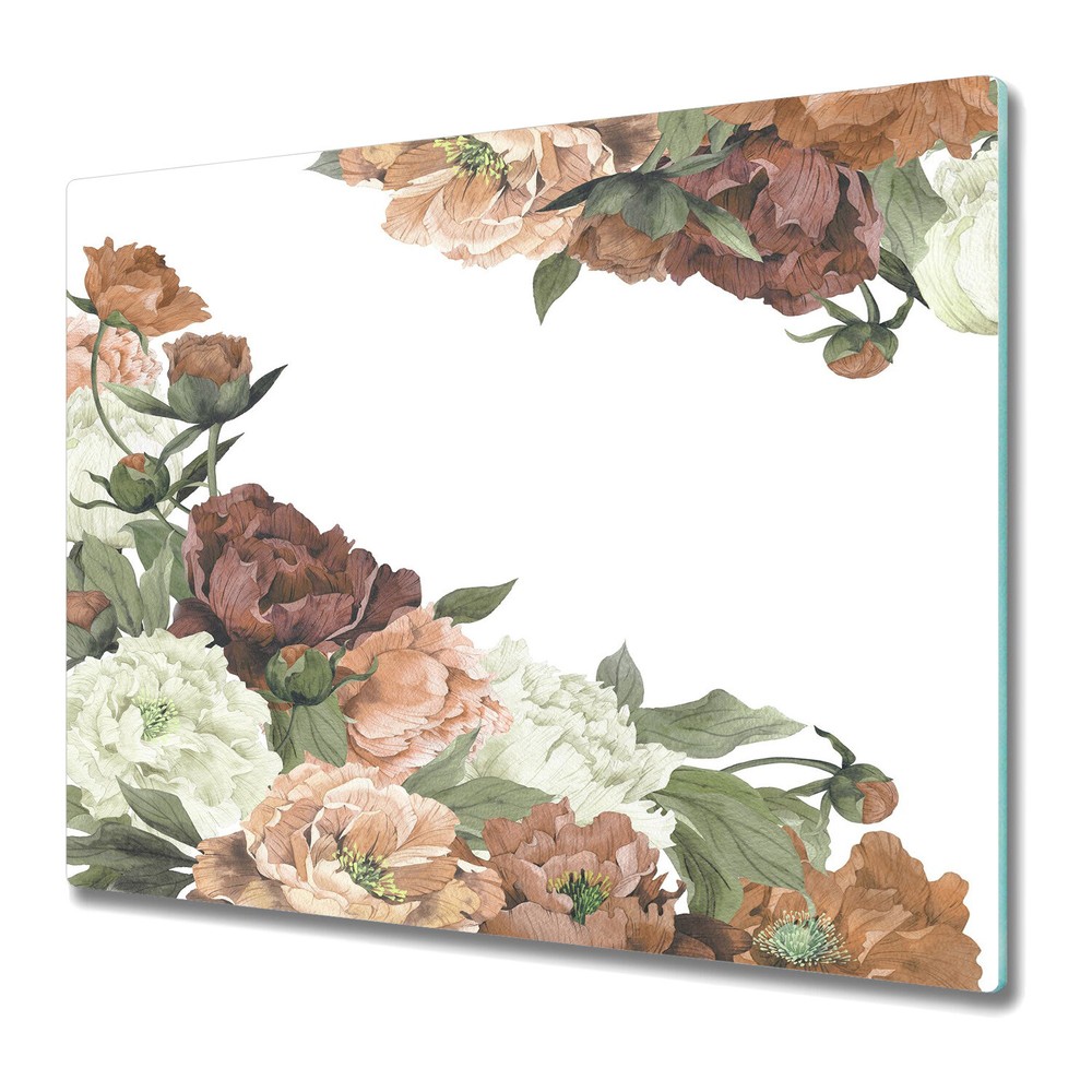 Glass Chopping Board Vintage Peonies Painted Bright Botanical Artwork 60x52