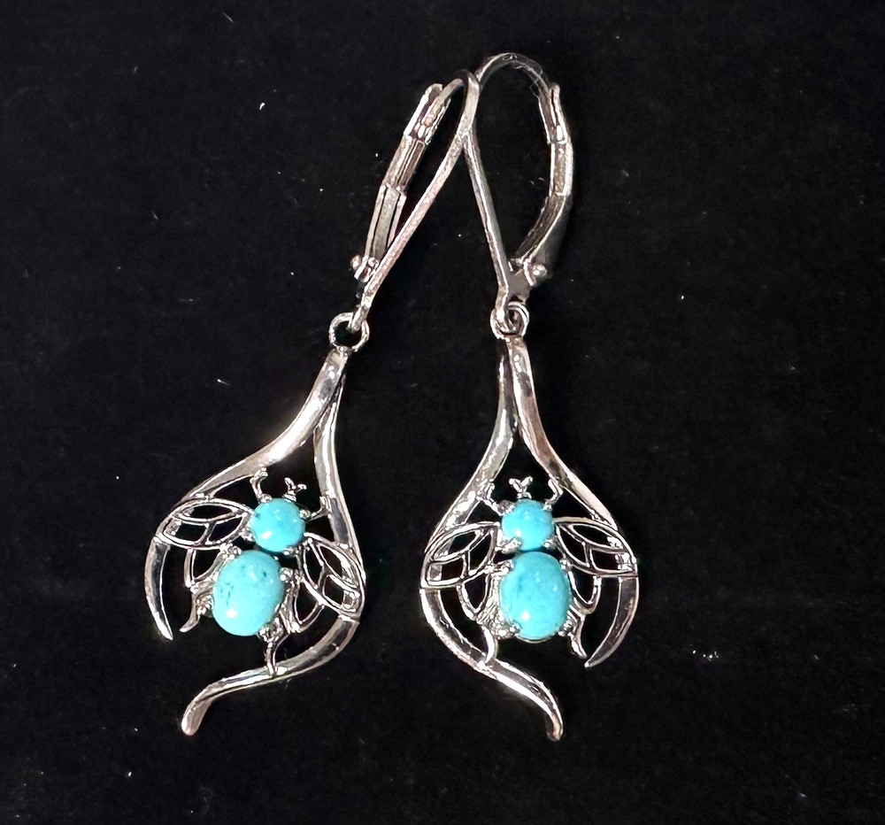 Vintage Blue Bug Dangle Earrings MARKED DK 925 Sterling Silver Jewelry Lot I