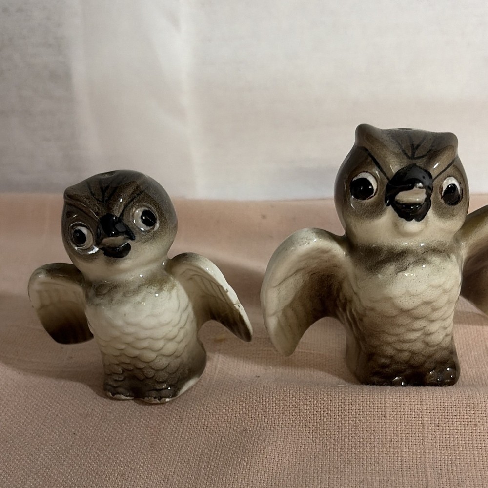 Vintage Ceramic Owl Salt & Pepper Shakers Set of 2 Novelty Animal Gray White