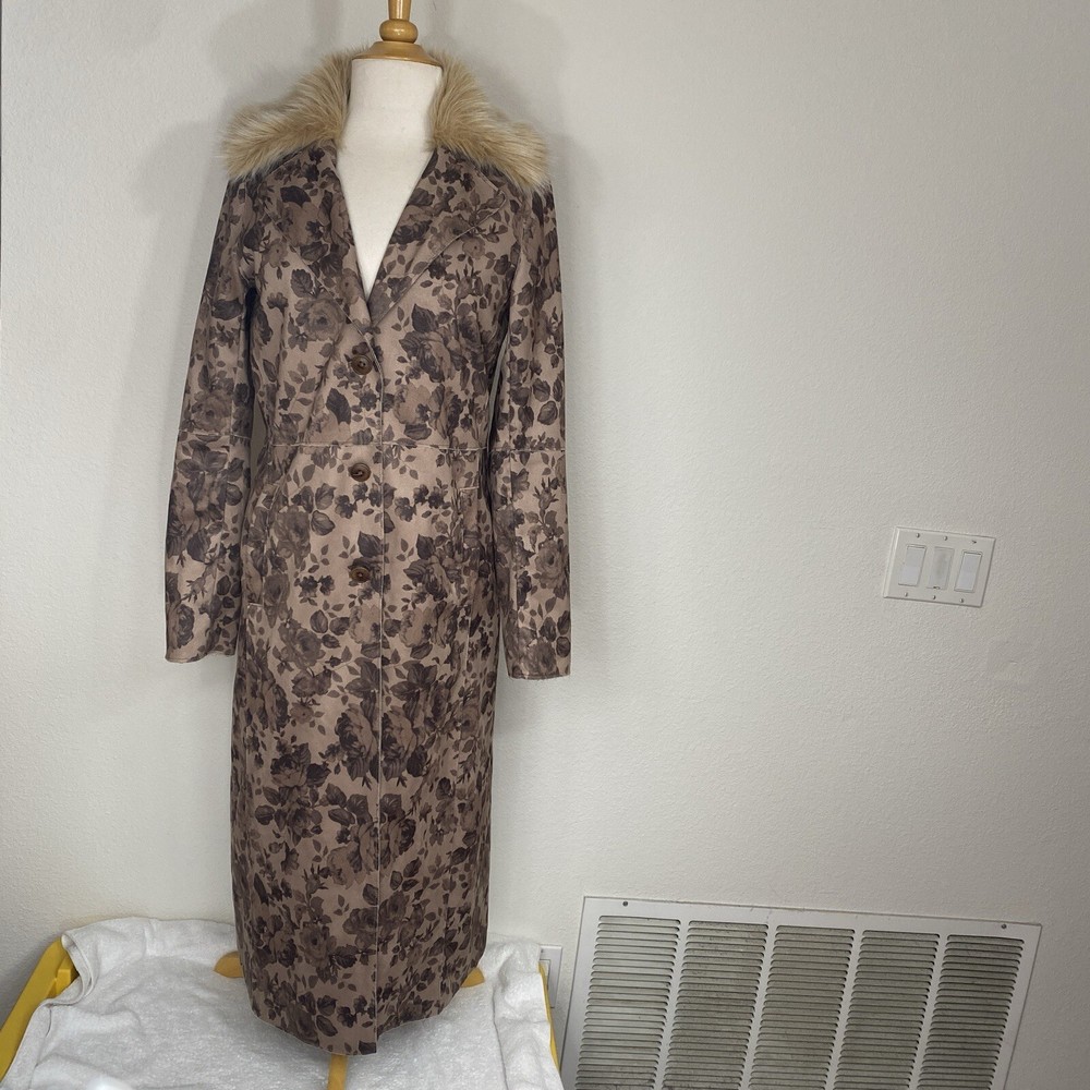 Anthropologie Elevenses Size 4 Brown Floral Faux Suede Penny Lane Coat Excellent Condition