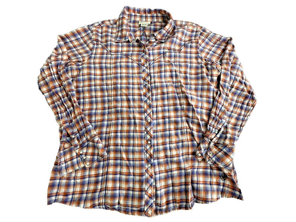 Ariat Women's XXL Pearl Snap Western Cowgirl Plaid Flannel Shirt Orange Blue