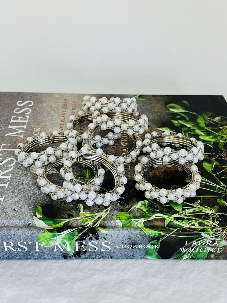 Pearl Beaded Napkin Rings Set of Nine With Silver Accents