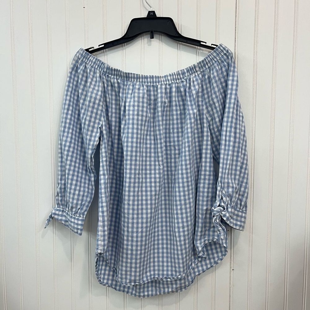 No comment Elegant Blue gingham Off-Shoulder cotton Blouse