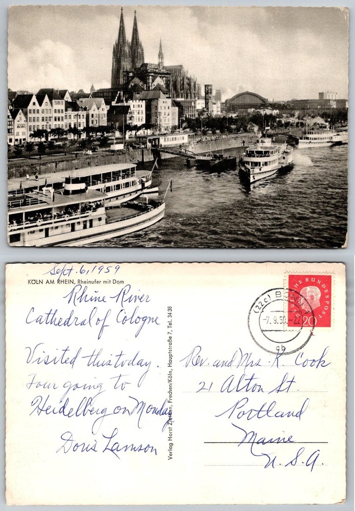 Cologne Germany Rhine River Cathedral Boats 1959 RPPC Postcard Vintage