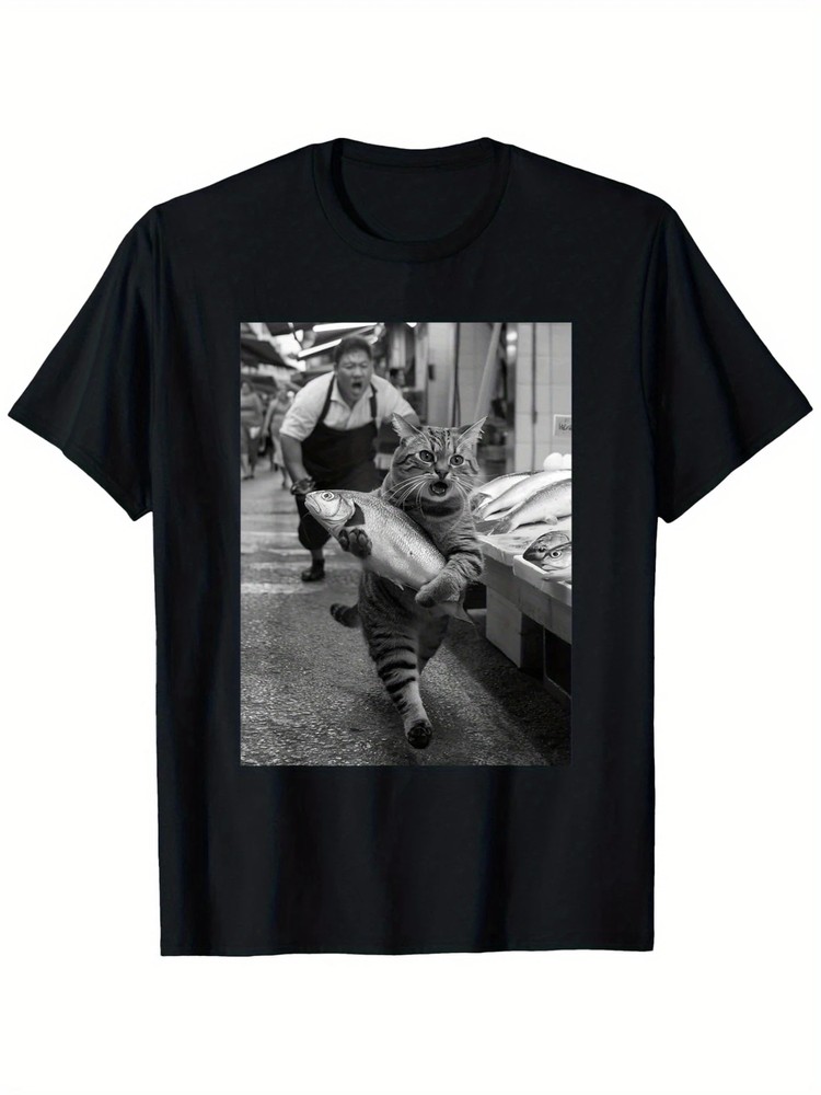 Funny Cat Steals Fish Market Black & White Meme T-Shirt | Unisex | 100% Cotton