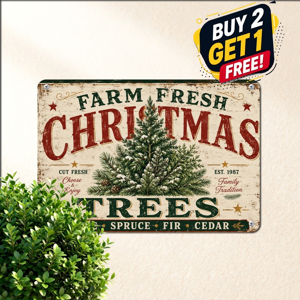 Farm Fresh Christmas Trees Sign Retro Pine Spruce Winter Holiday Metal Plaque