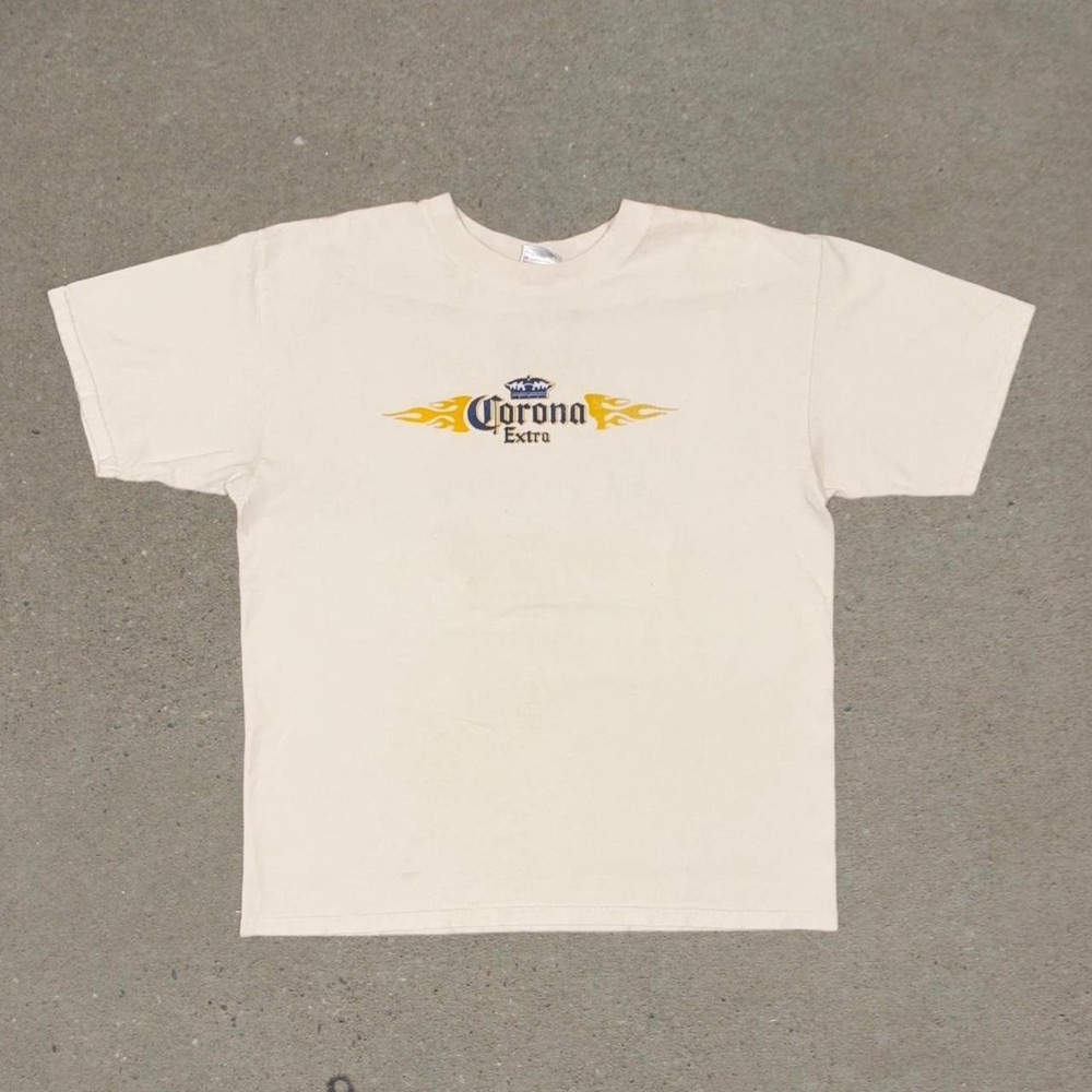2000s Y2K Corona White Graphic T-Shirt Tribal Pattern Size Men's Large Yazbek