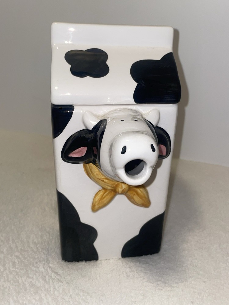 Vintage Ceramic Holstein Cow Milk Carton Jug / Cookie Jar with Lid