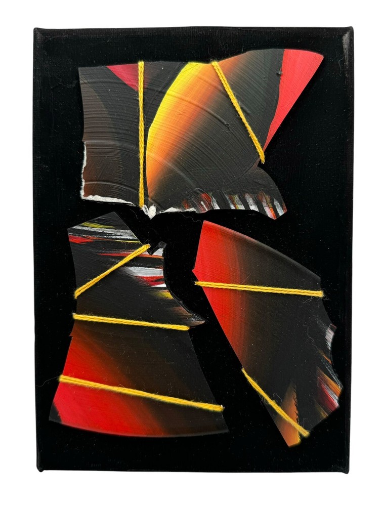 Abstract Art Painting Collage Vinyl Record UV Reactive  Black Yellow Orange 7x5”-image