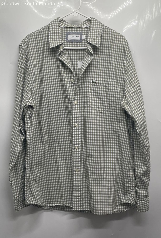 Lacoste Mens Green Gingham Print Long Sleeve Regular Fit Button-Up Shirt Size L