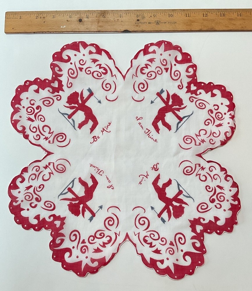 Vintage MCM Valentine Handkerchief Cupid Arrow Love Holes I Am Thine Be Mine Romance