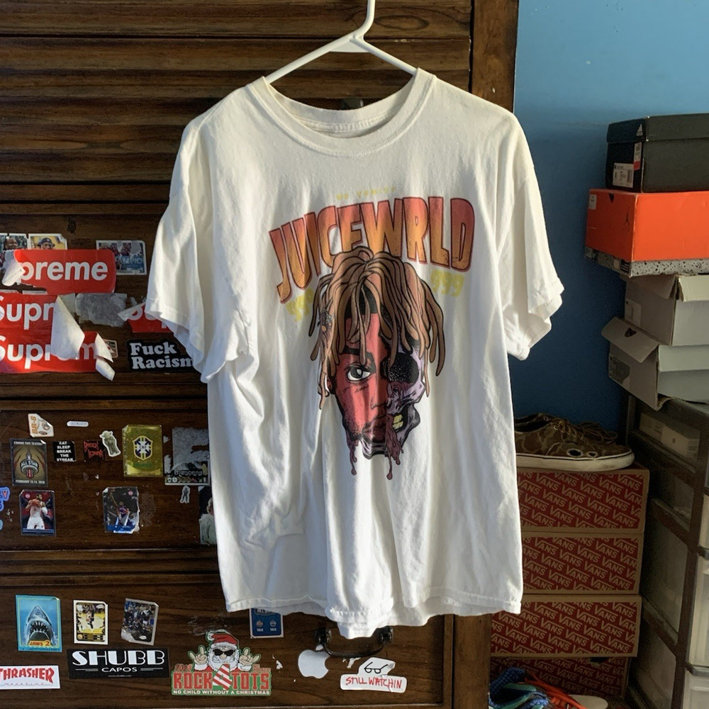 Juice Wrld Graphic Print Crew Neck Short Sleeve T-Shirt Men's L White