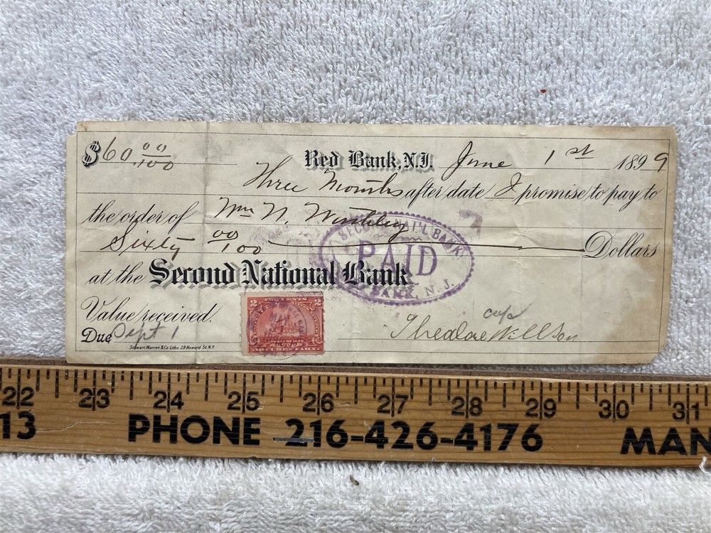 1899 Red Bank NJ 2nd National Bank Vintage Cancelled Check