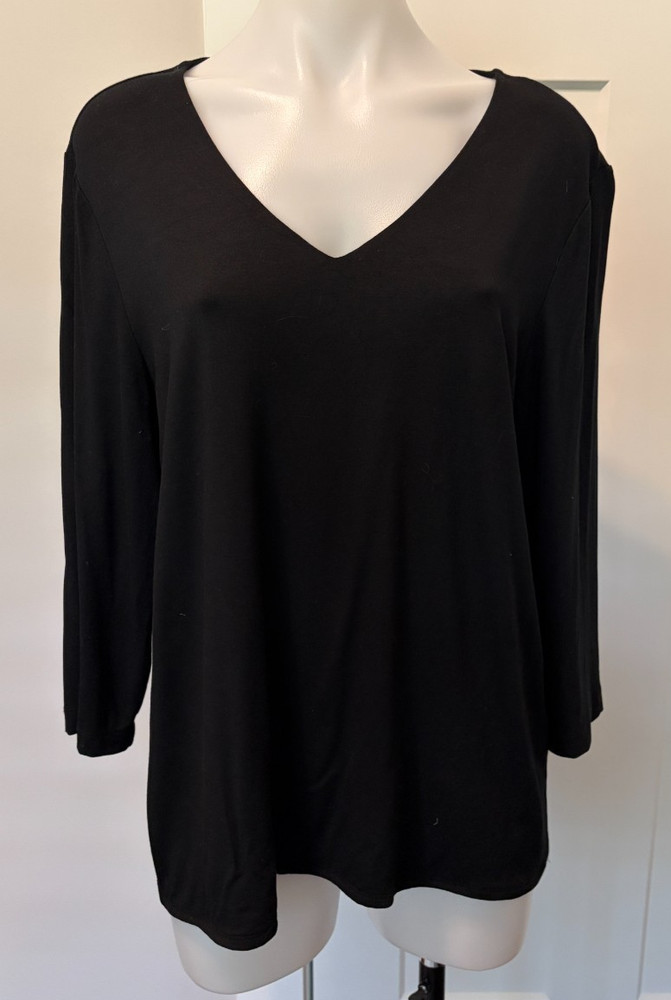 CHICOS Womens Knit TOP 3/4 Sleeve BLACK Ultimate Tee V-Neck Size 2 (L)