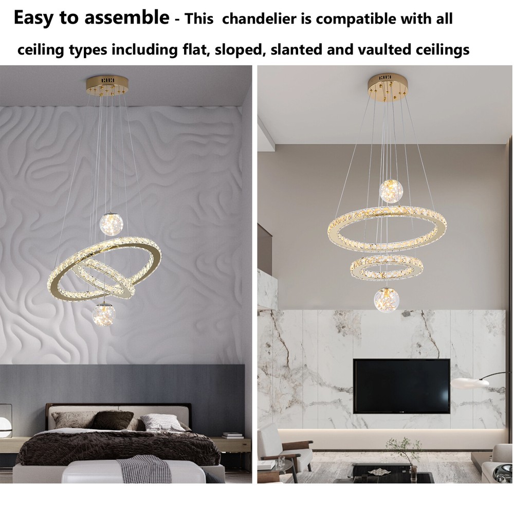 Modern Dimmable LED Chandelier with 3 Color Crystal Pendant Light Adjustable Design