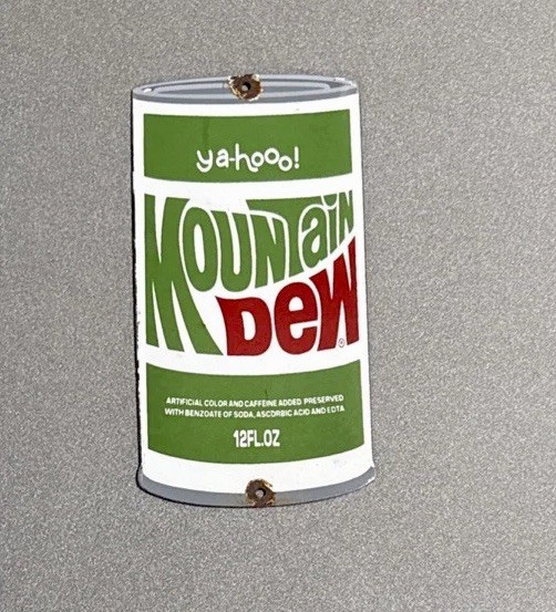 Vintage Mountain Dew Soda Cola Can Porcelain Sign Car Gas Truck Motorcycle Oil