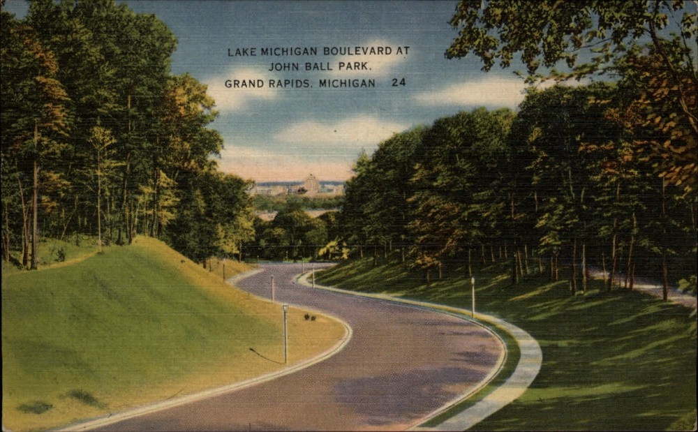 Grand Rapids Michigan John Ball Park Lake Michigan Blvd scenic linen postcard