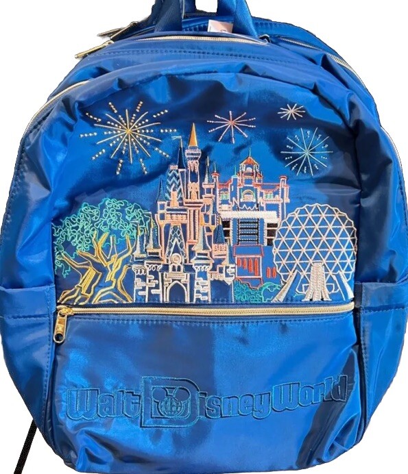 2024 Disney World 16” Blue Backpack with Embroidered Castle & Epcot 4 Parks Icons NEW