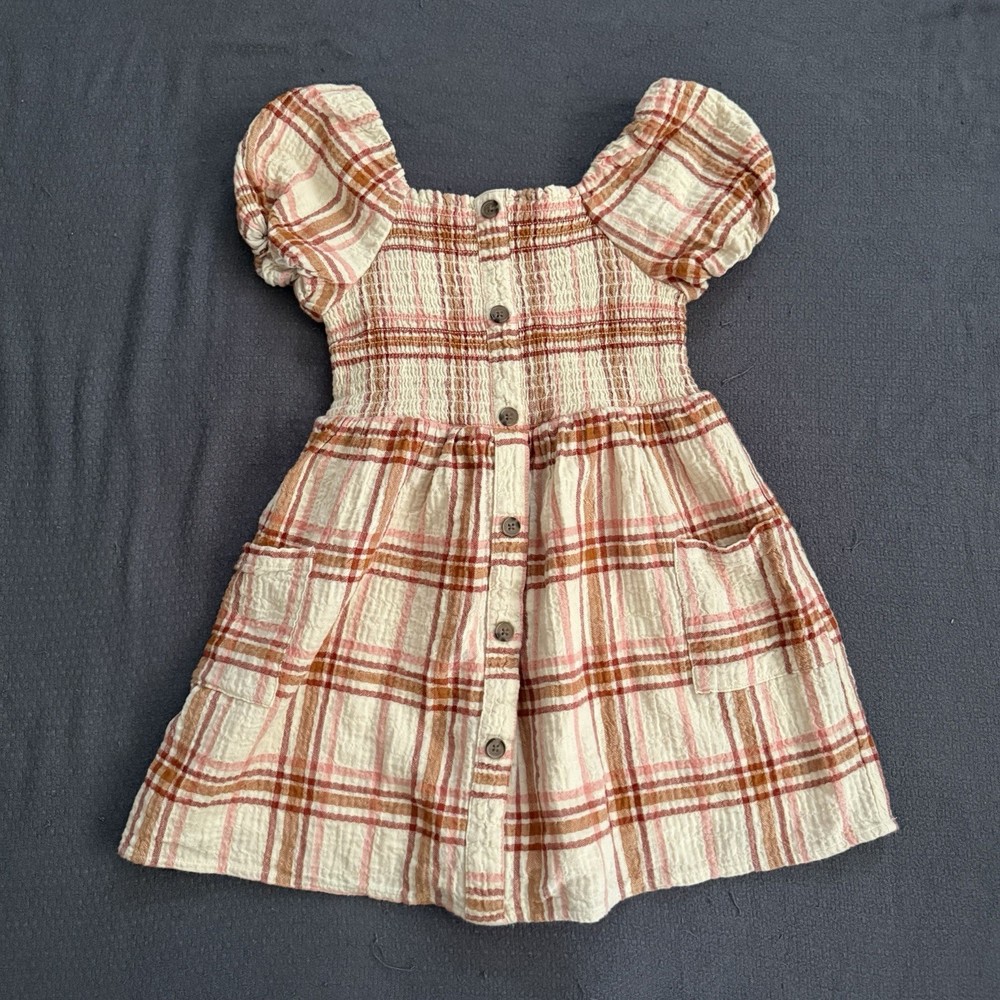 Cat & Jack Size 5T Girls Dress Puff Short Sleeve Button Plaid Tan Red Pockets