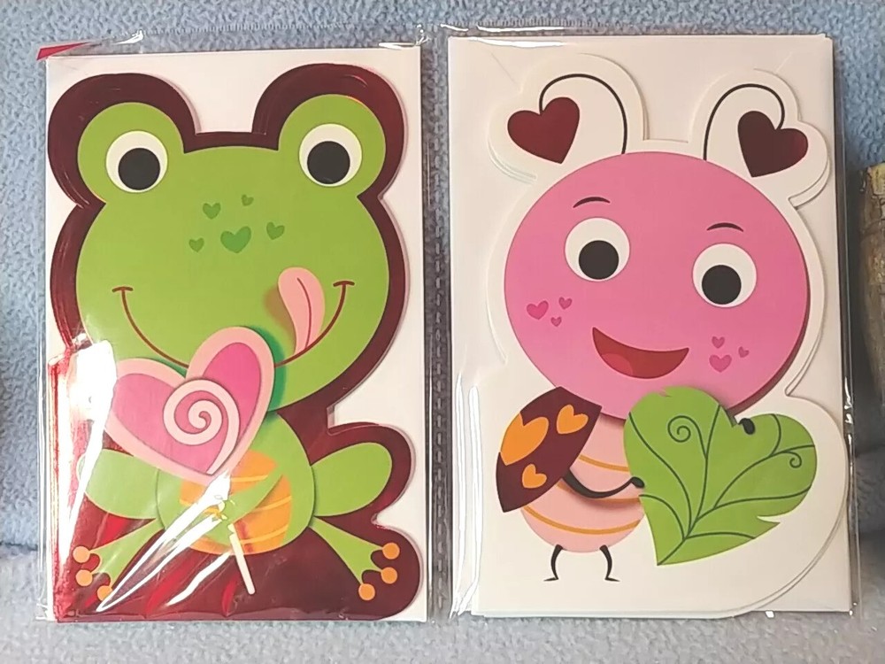 Valentines Day Frog and Ladybug Greeting Cards Set of 6 with Envelopes