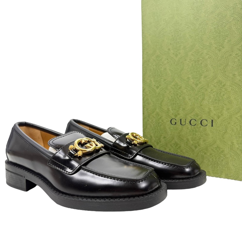 New Gucci Interlocking G Leather Logo Loafers Slip On Black Womens Size 40.5