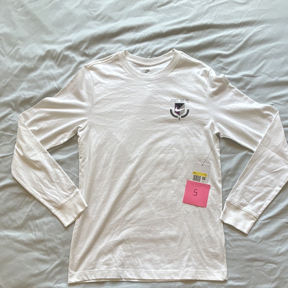 Nike Men's White Long Sleeve Crew Neck Graphic Logo Cotton Jersey T-Shirt S