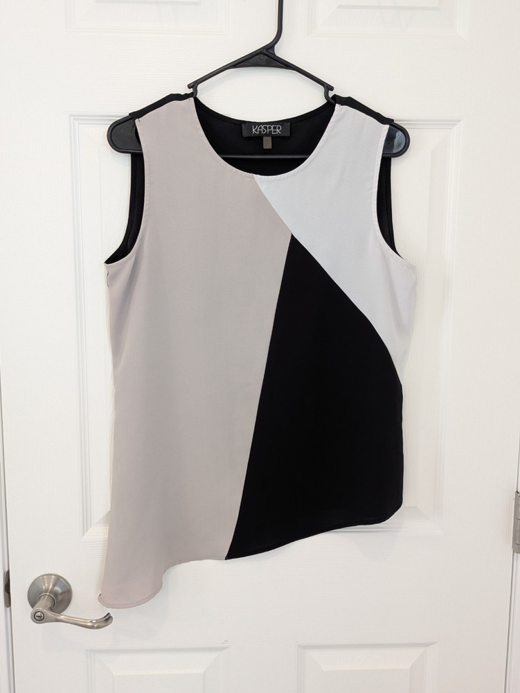 KASPER Top Women’s Medium Petite PM Black White Tan Sleeveless Asymmetrical