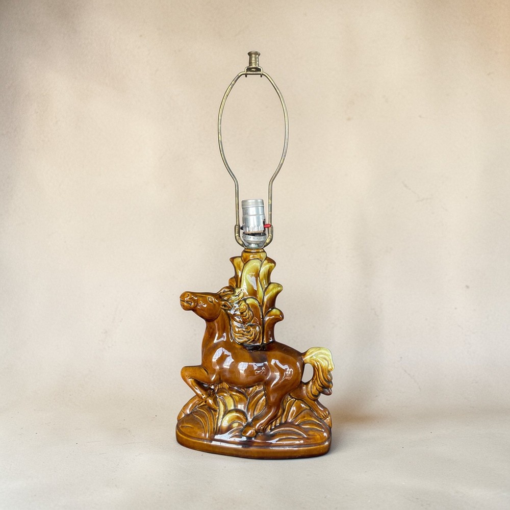 Vintage Ceramic Rearing Horse Table Lamp Base Brown Tan Drip Glaze Mid Century