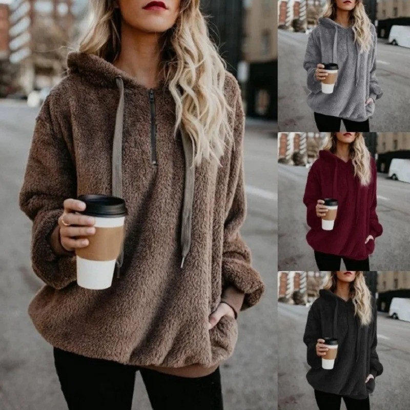 Women Winter Warm Fluffy Sweater Tops Hoodie Sweatshirt Hooded Pullover Jumper