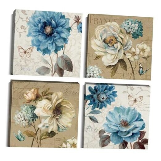 Peony Rose Wall Art Blue and White Flower 12 x 12 in (4 Piece) Blue and Beige