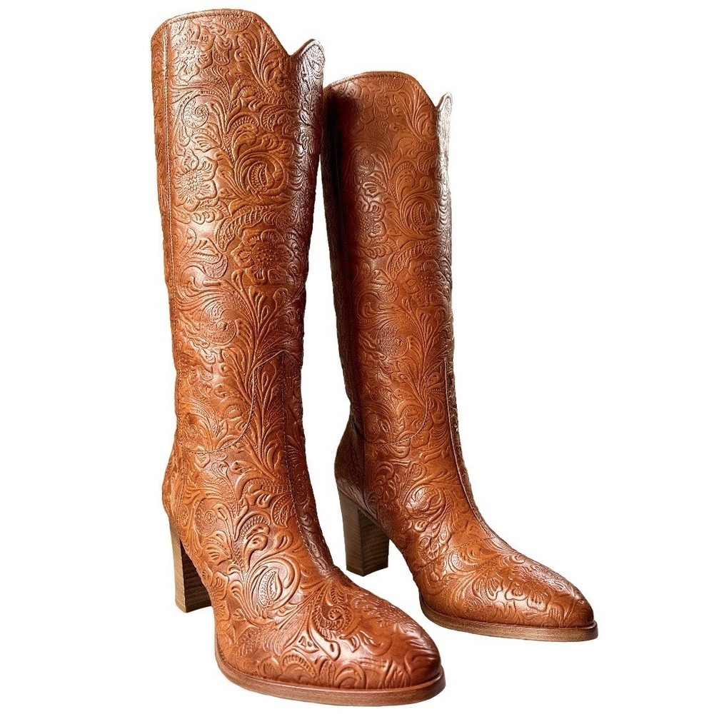 FRYE RARE Italy Tooled Leather Brown Cowboy Western Tall Knee High Boots 9.5