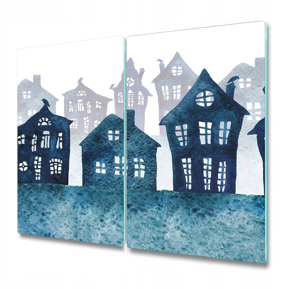 Glass Worktop Kitchen Chopping Board Watercolour Foggy town blue and white