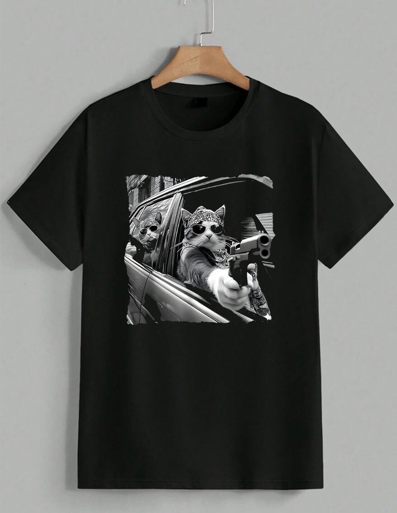 Cats In Car Drive By Meme Funny Parody Gangster Kitty Graphic Tee T-Shirt Unisex